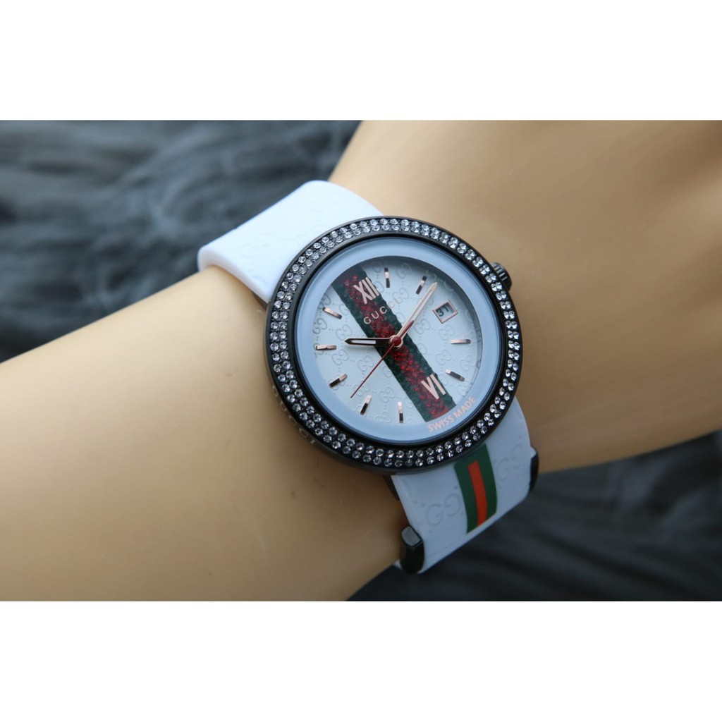 JAM TANGAN WANITA FASHION GUCCI TANGGAL AKTIF TALI RUBBER