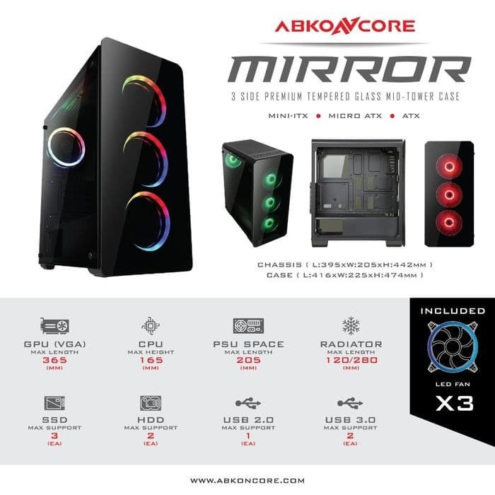 CASING GAMING ABKONCORE MIRROR WITH 3 FAN RGB