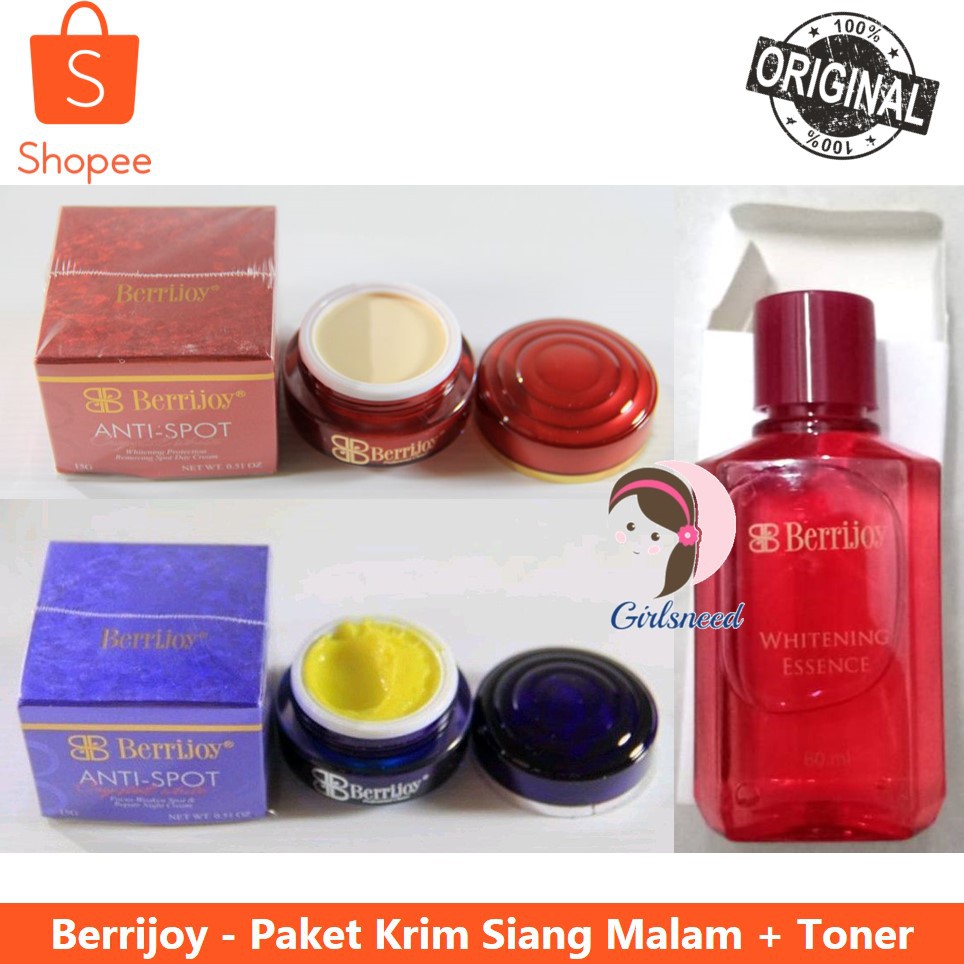 Berrijoy Paket Cream Siang Malam plus Toner Whitening Essence Menghilangkan Flek Noda Hitam Keriput