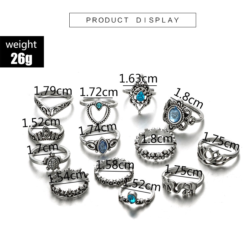 [ACKER] 13 Pcs/set Elephant Turtle Set Cincin Mahkota Kristal untuk Wanita Lotus Heart Midi Knuckle