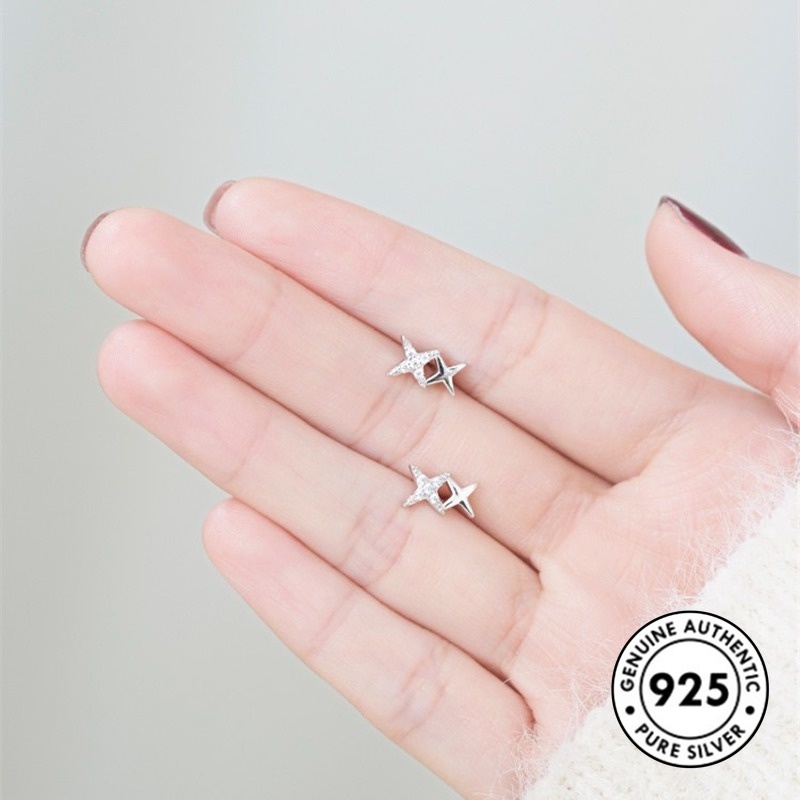 Anting Tusuk Sterling Silver 925 Desain Bintang Hias Berlian Imitasi Simple Untuk Wanita