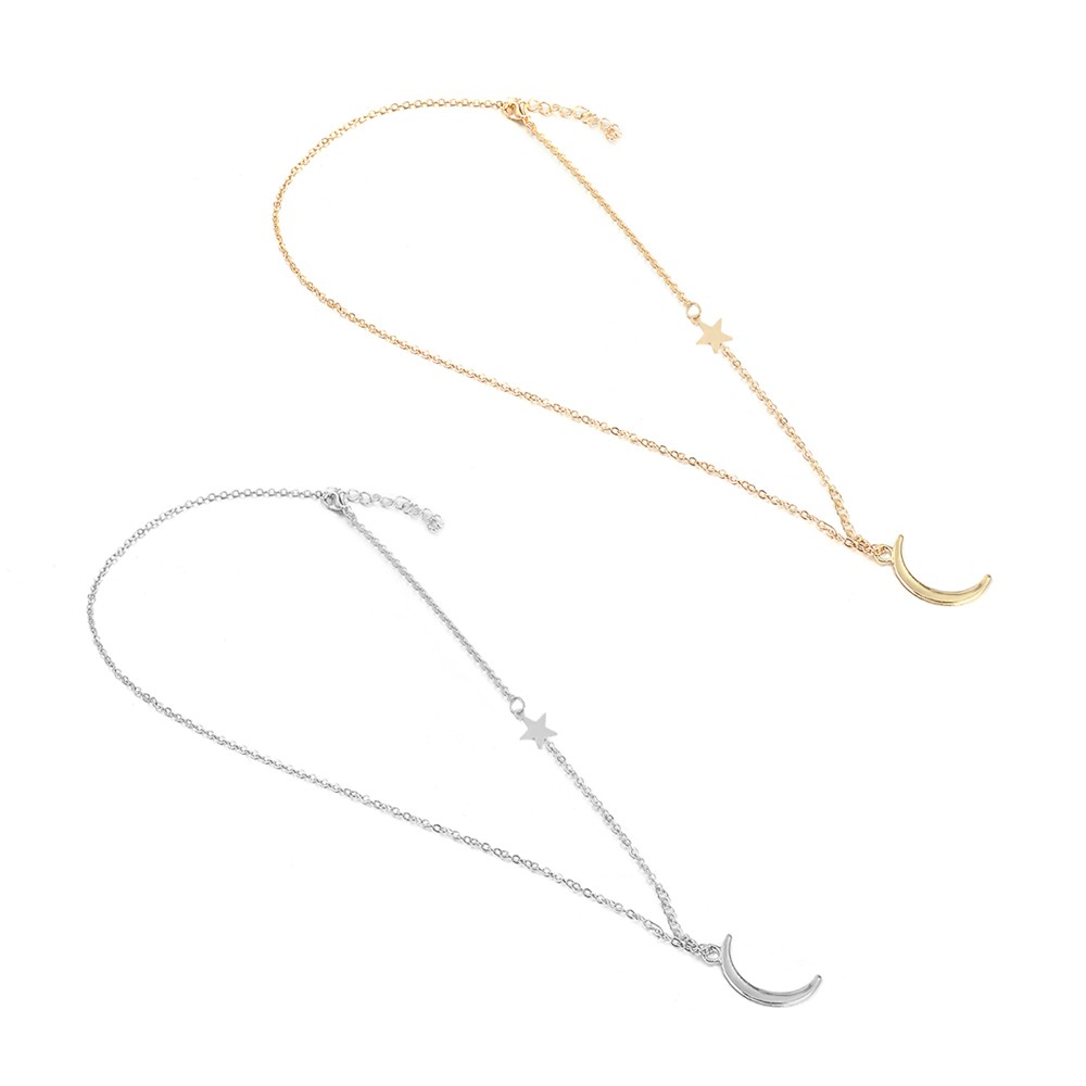 【COD Tangding】Moon Star Pendant Choker Necklace Gold Silver Long Chain Women's Jewelry