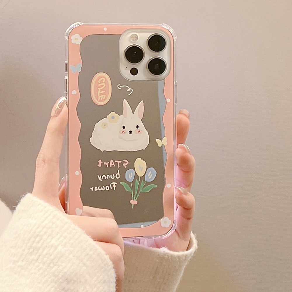 Soft case Desain Kartun Kelinci Aksen Cermin Tahan Banting Untuk iPhone 11 12 13 Pro max mini XS max xr 7 8 Se 2020 plus