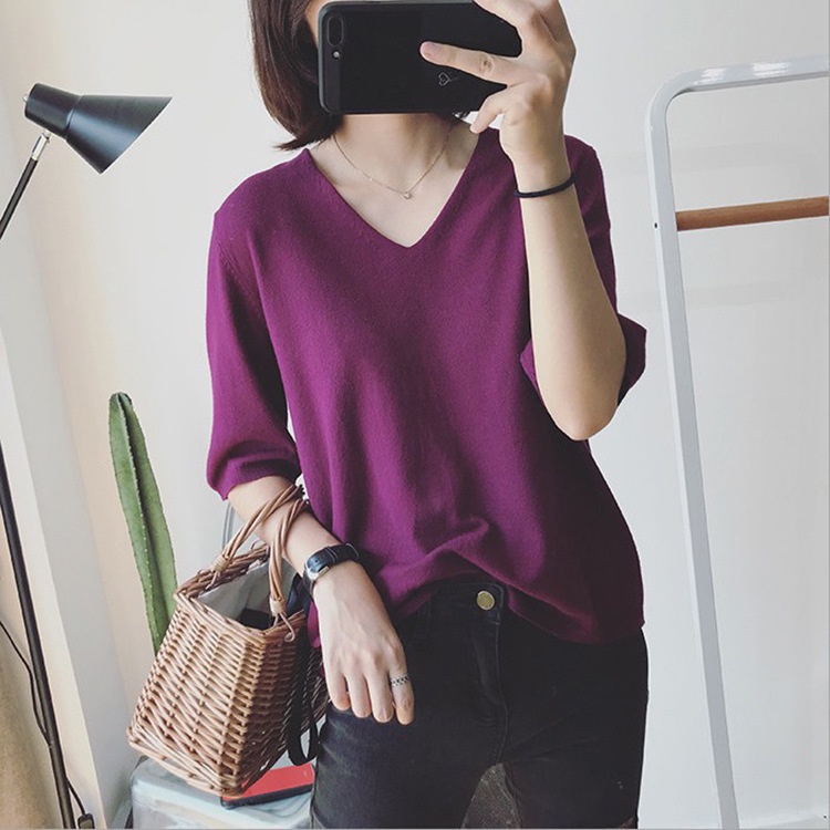 #Sisjuly# T-shirt pullover longgar longgar V-neck all-match versi Korea baru wanita warna solid keme