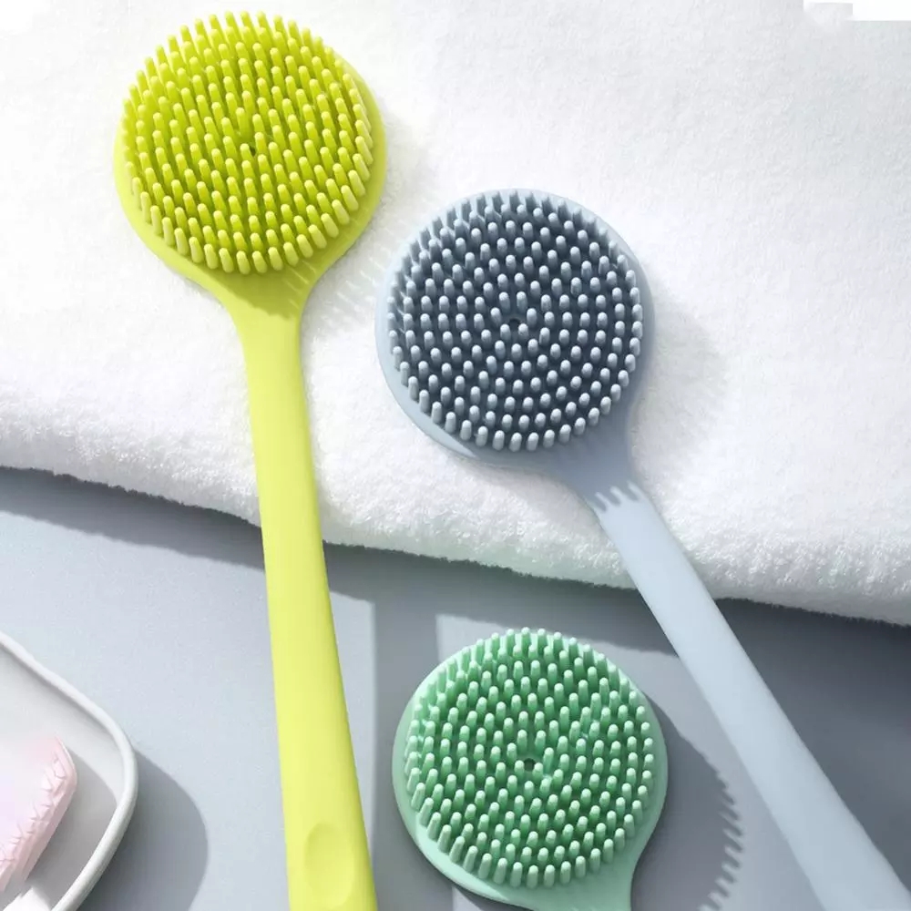 Silicone Double Side Bath Body Brush / Long Handle Back Massage Shower Cleaning Brush
