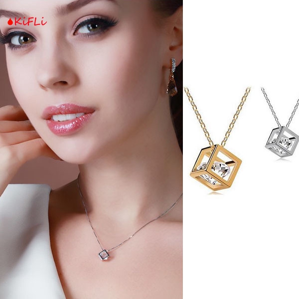 Kalung Alloy Anti Karat,Crystal Rantai dengan Liontin,Batu Zircon Bentuk Kotak,untuk Wanita