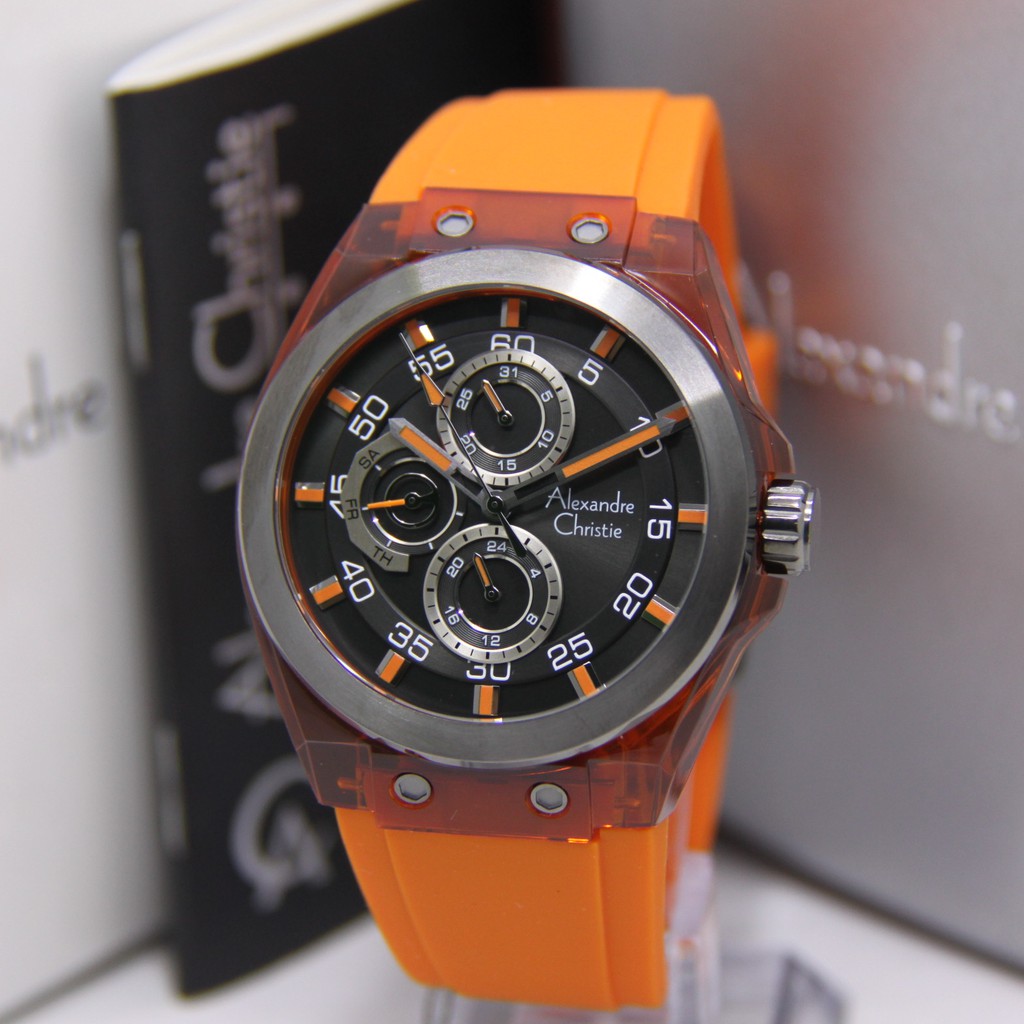 ALEXANDRE CHRISTIE 6546 RUBBER PRIA BLACK ORANGE ORIGINAL AC6546 AC 6546 JAM TANGAN COWOK