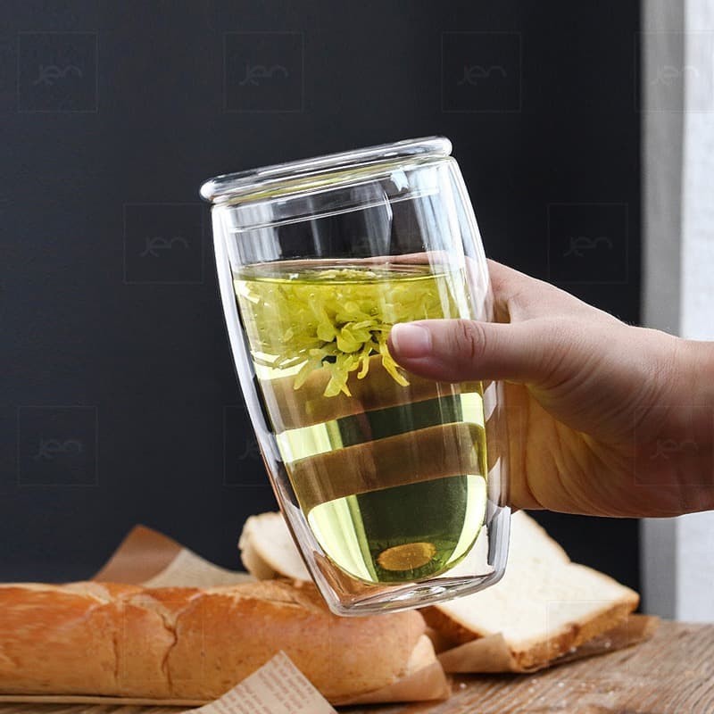 gelas kaca dengan tutup double wall coffee tea glass cup with lid