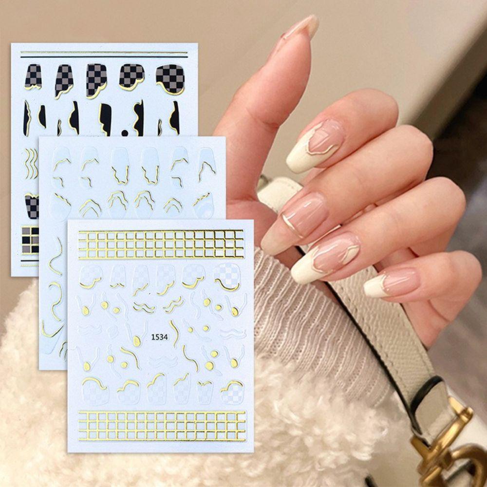 Mxbeauty Stiker Kuku Perekat Stamping Emas Kotak-Kotak Kuku Kecantikan DIY Stiker Kuku Nail Art Decals Nail Art Watermarks