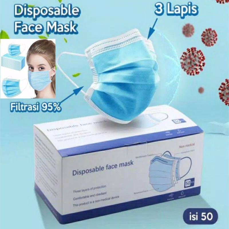 Termurah || Masker DIPOSABLE FACE MASK EARLOP 3-ply | Masker HEADLOOP 3-Ply | Masker Hijab Headlop