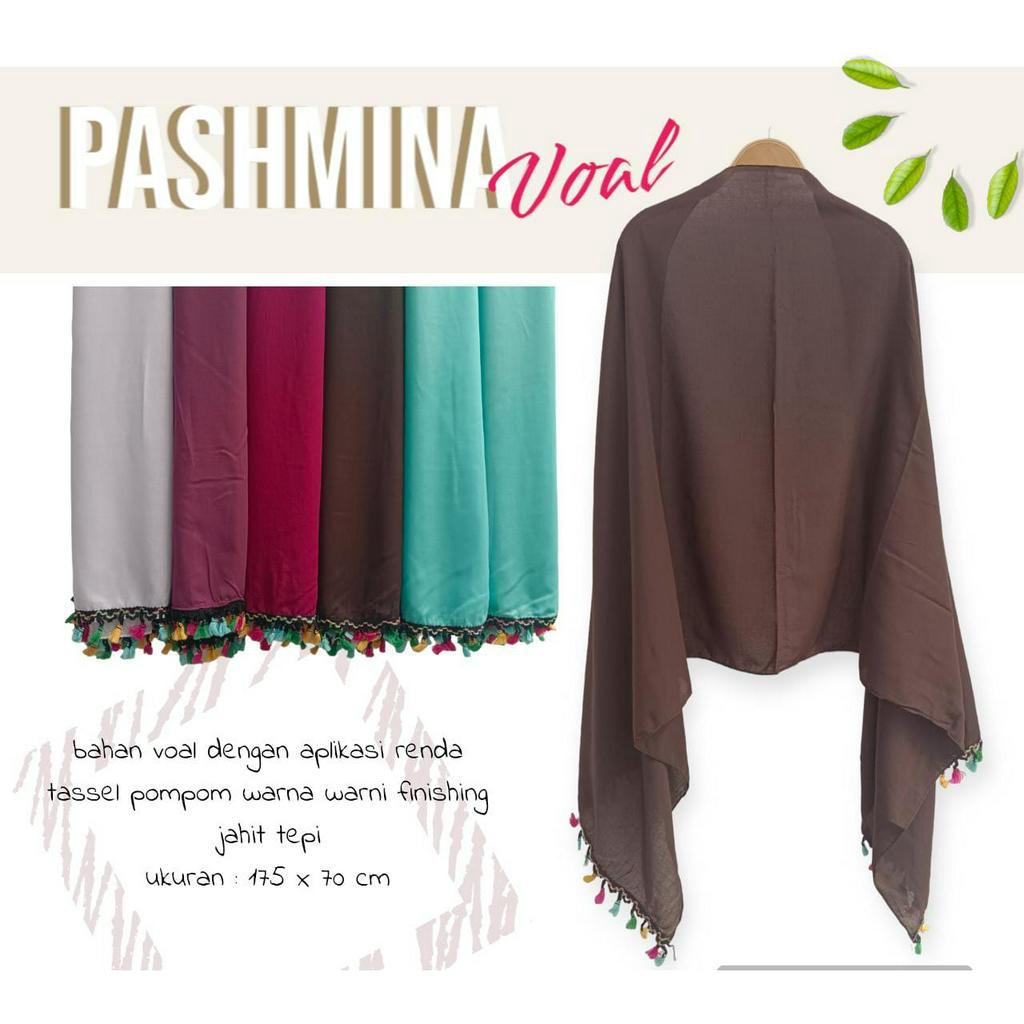 Hijab Pashmina bahan Cotton Voal 170cm x 70cm / Kerudung Rawis Pompom Tassel