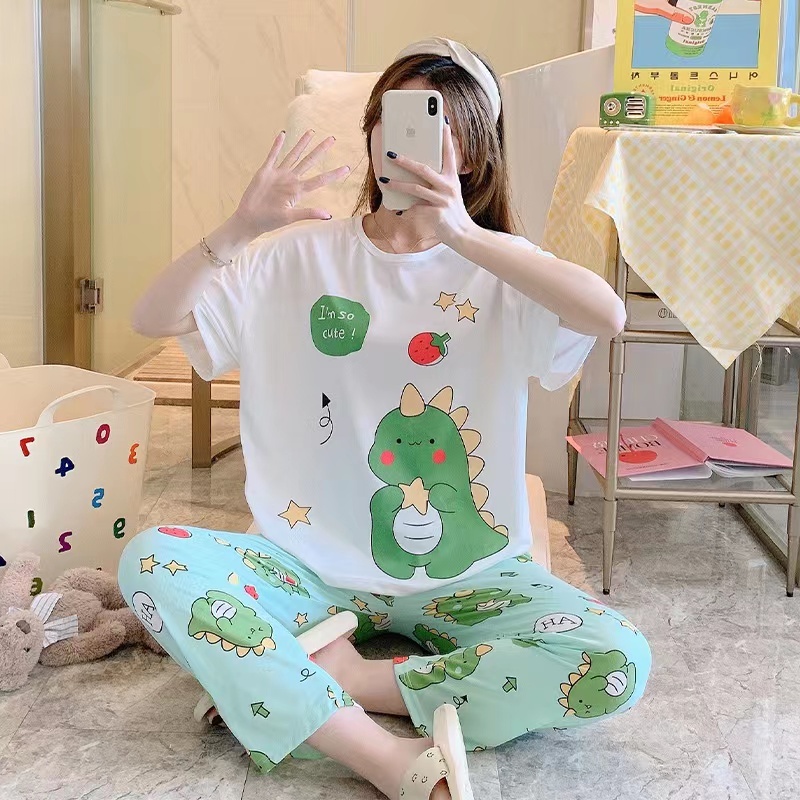 Piyama Oversize Bahan Kaos Lengan Pendek Baju Tidur Wanita pakaian tidur wanita kaos set baju tidur wanita piyama-Cute Dino