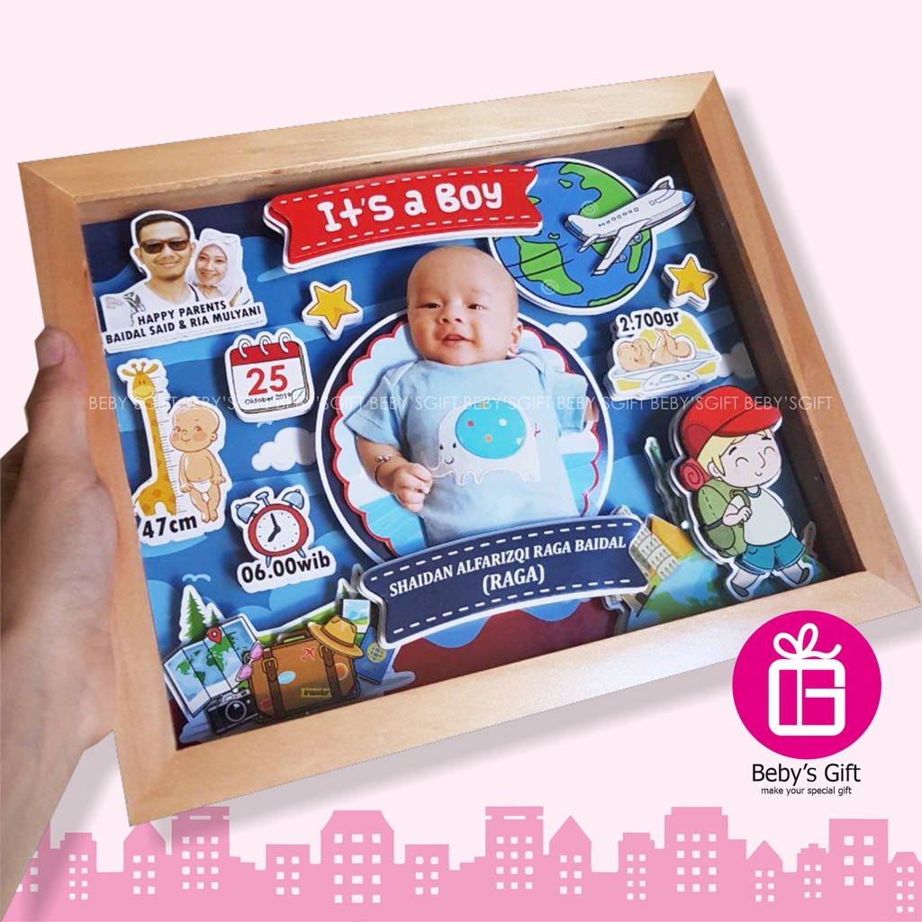 BebysGift Pop Up Frame Biodata Bayi 3D Kayu Akrilik Kado Ulang Tahun Baby Anak Hadiah New Born