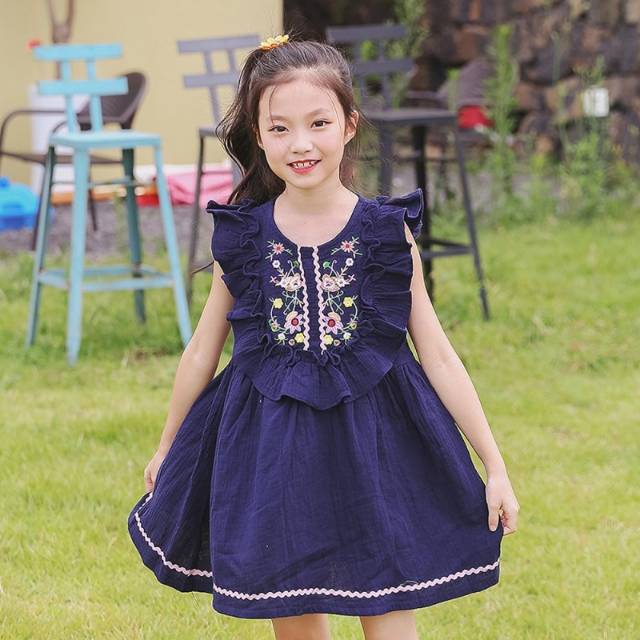 Dress korea navy flowrr bordir