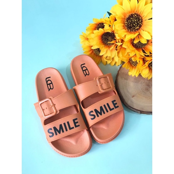 Sandal Slop Ban Dua Gesper Tulisan SMILE Import LCR V501-5-Terracota