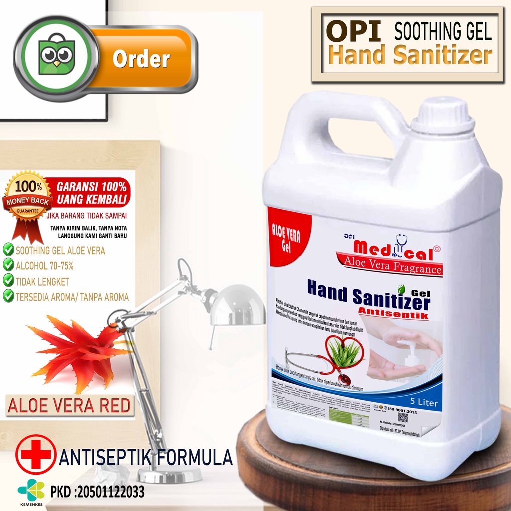 hand sanitizer 5 liter gel medical aloe vera Red alkohol 70% wangi aloe vera segar gratis botol pump 500ml sudah ada izin edar resmi by Oke sabun suplayer