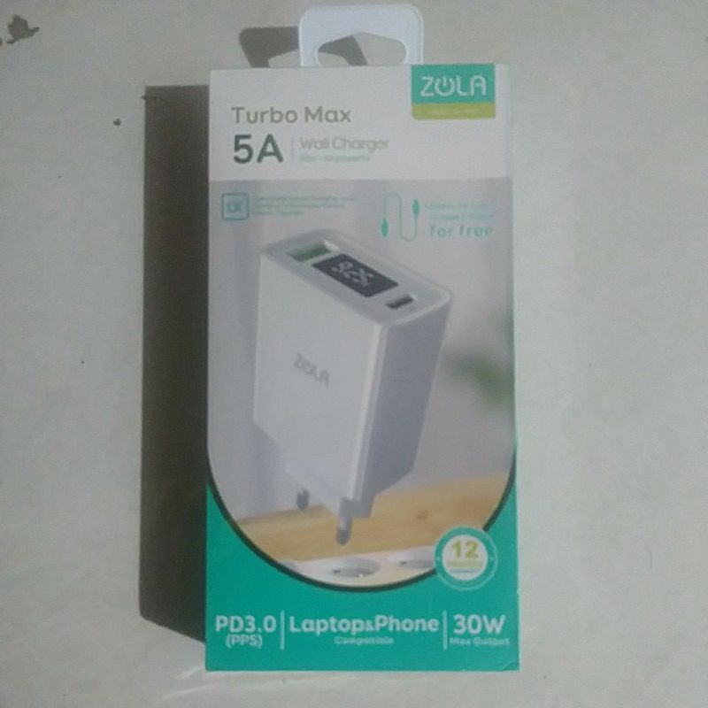 Zola Charger Turbo Max Gen2 QC 3.0 & Cable PD For Ipad pro & Macbook Max 30W - Putih