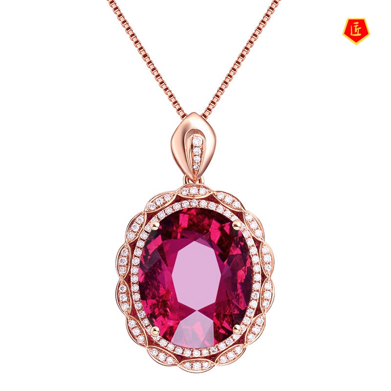 [Ready Stock]Luxury Oval Tourmaline Pendant Rose Gold Necklace Women's Fashion Accessories