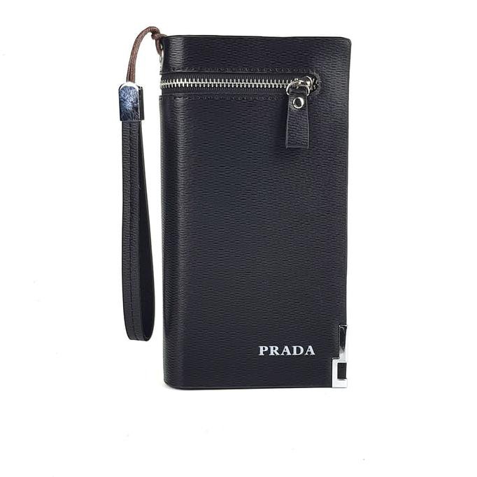 607J Dompet Kulit Pria Wanita Panjang Import Branded Prada Ruur-6 Black Top