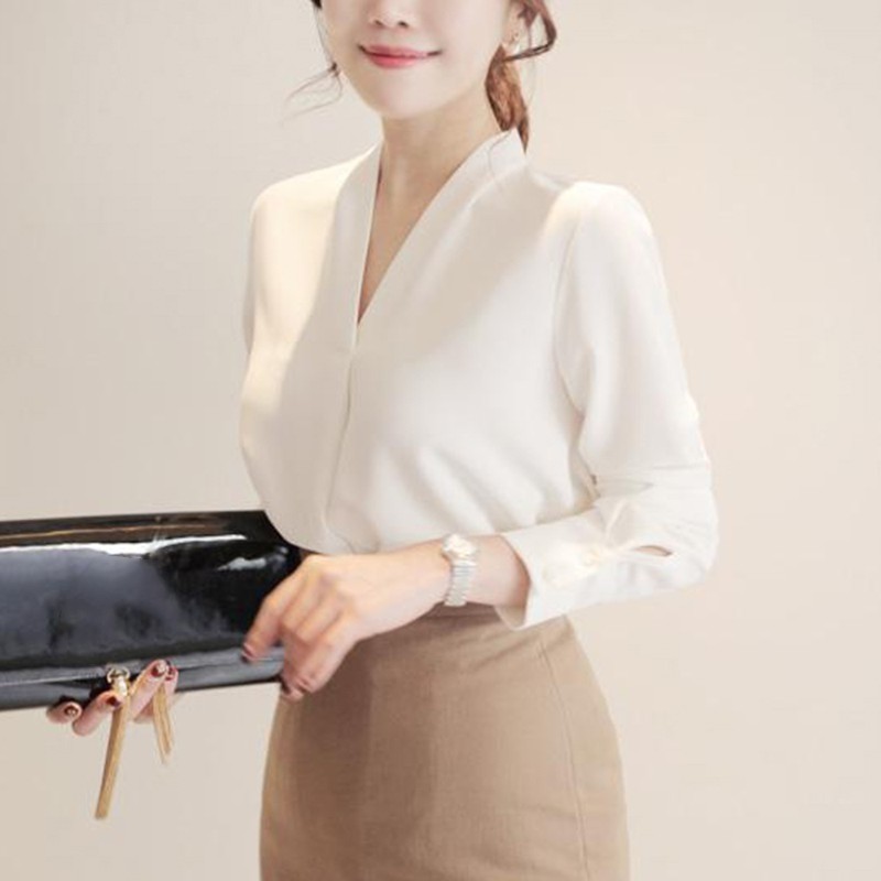 Women Blus V-Neck Lengan Panjang Gaya Korea Warna Putih Polos