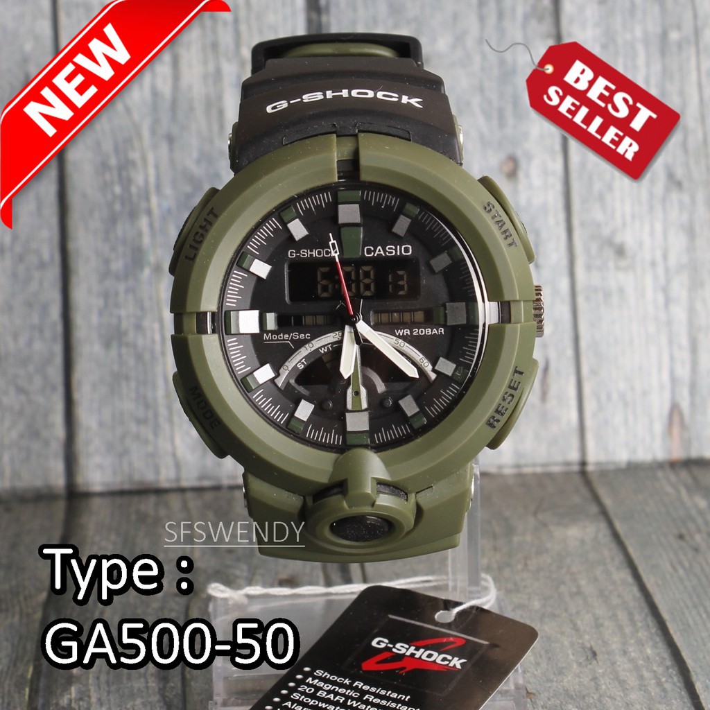 G Shock Casio GA 500 Frogman Hijau Hitam Army Military Jam tangan pria dual time sporty anti air