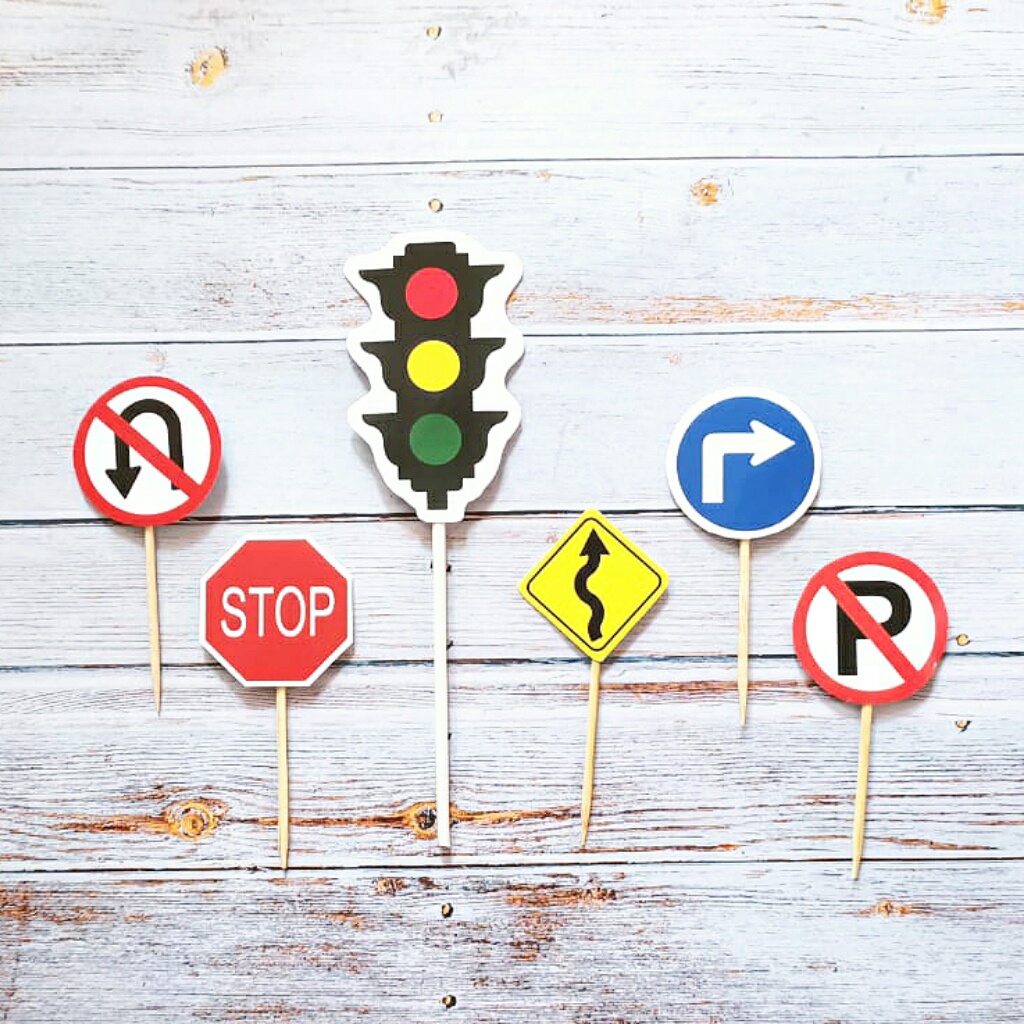 satu set cake topper hiasan kue ulang tahun motif Rambu Rambu Lalu Lintas Traffic Sign Trafic Light