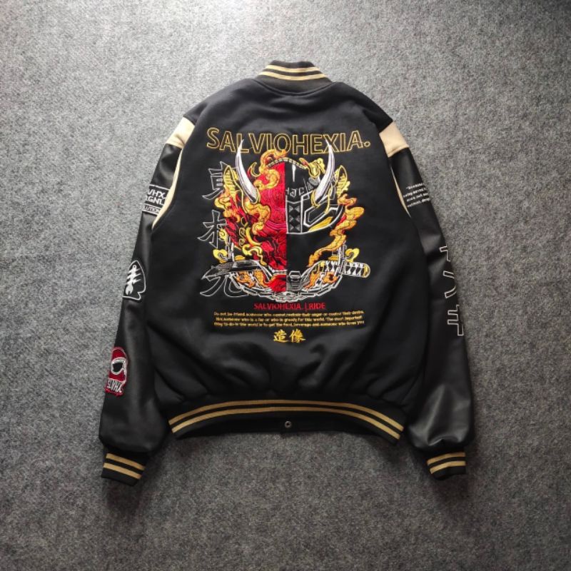 Varsity Jacket Full Bordir Sunmori Salvio Hexia Jaket Varsity Pria Premium HITAM LEATHER Nascar Varsity Baseball Jacket Vintage Jaket varsiti