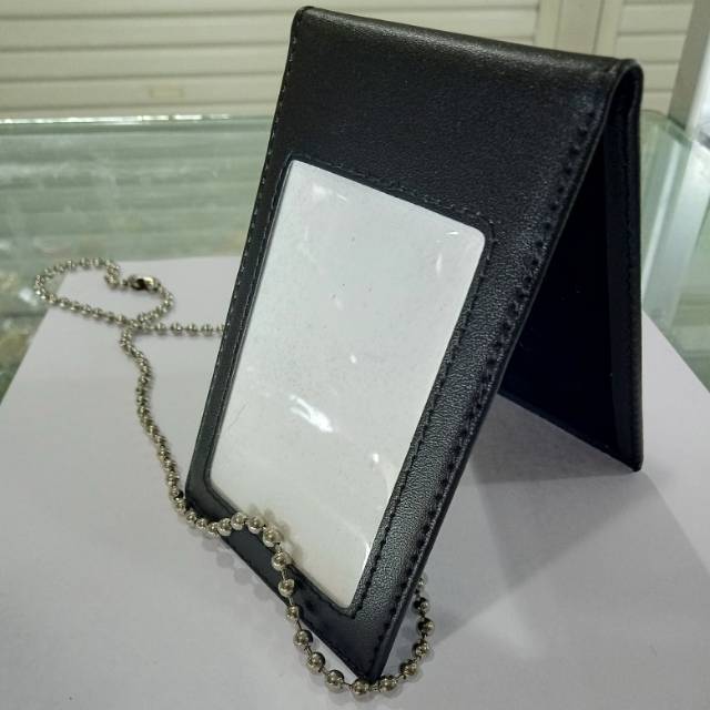 

Name Tag ID Card Saku Dompet Kartu Kulit 2 Slot hitam doff PREMIUM plus kalung rantai