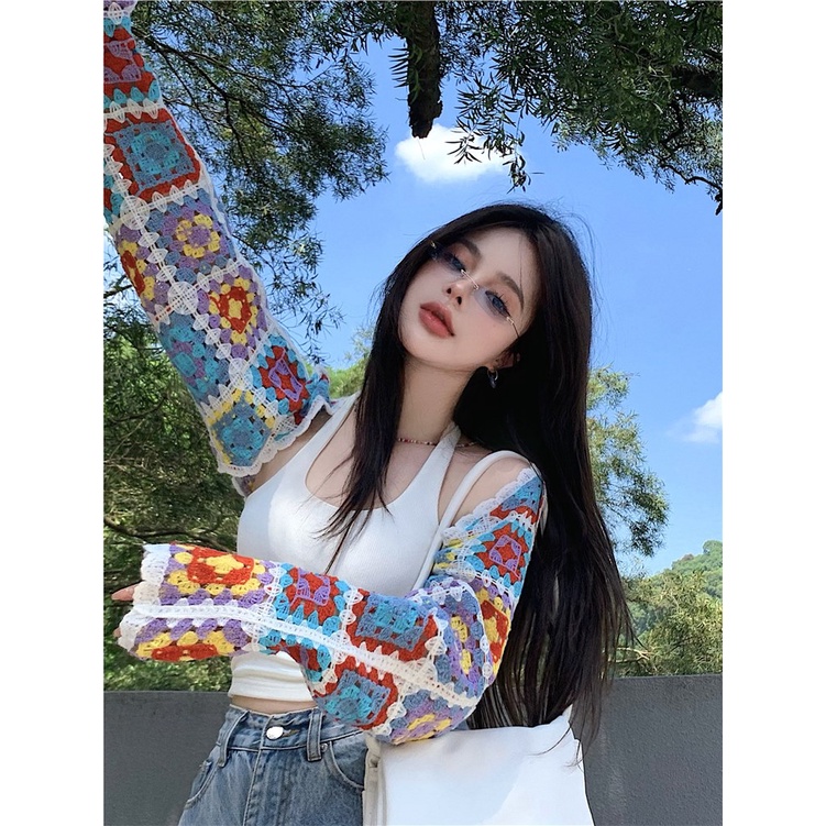 Suhao Boho Rajutan Cardigan Wanita Musim Panas Pendek Retro Lengan Panjang Tabir Surya Blus AC Kemej