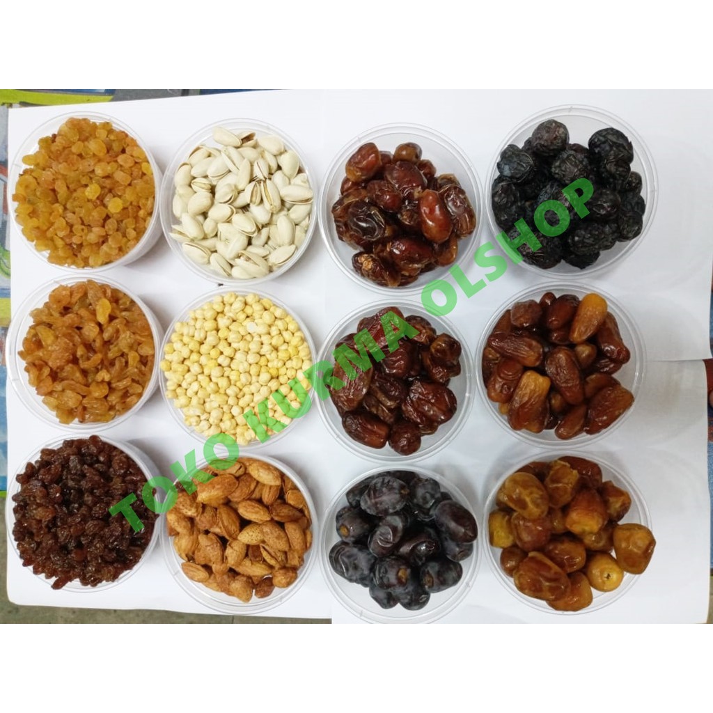 

Macam2 kurma 13rban /kacang arab /pistacios /almond/coklat/garam himalaya/kismis dll..