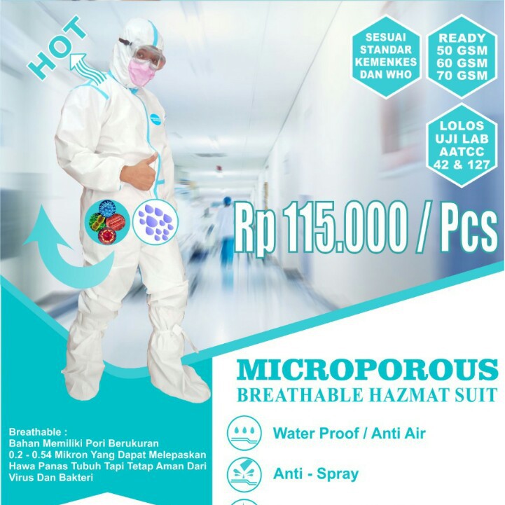 APD HAZMAD BAHAN MIKROPOROUS WATERPROOF  APD HAZMAT ANTI VIRUS sesuai standar KEMENKES