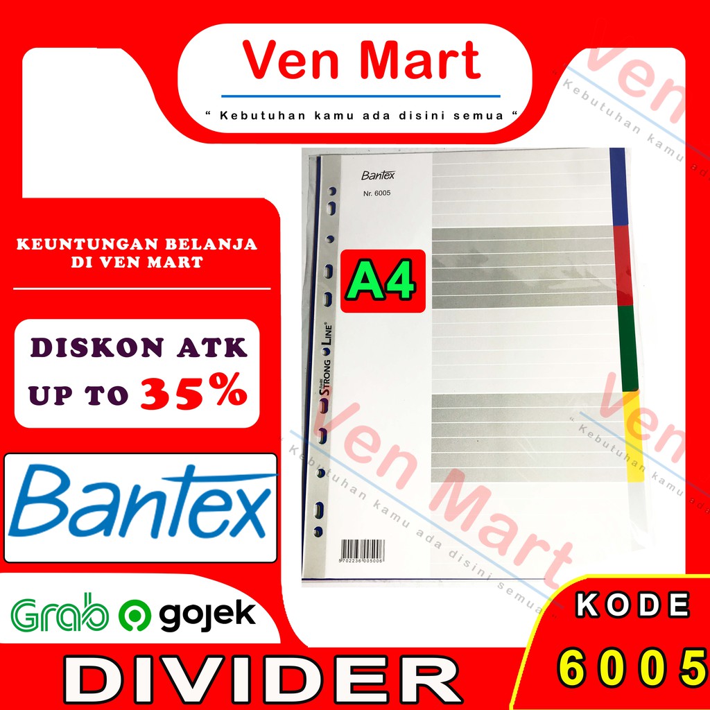 

BANTEX PEMBATAS KERTAS WARNA PP COLOUR DIVIDER A4 5 PAGES KODE 6005 00 ANTI LENGKET STRONG LINE