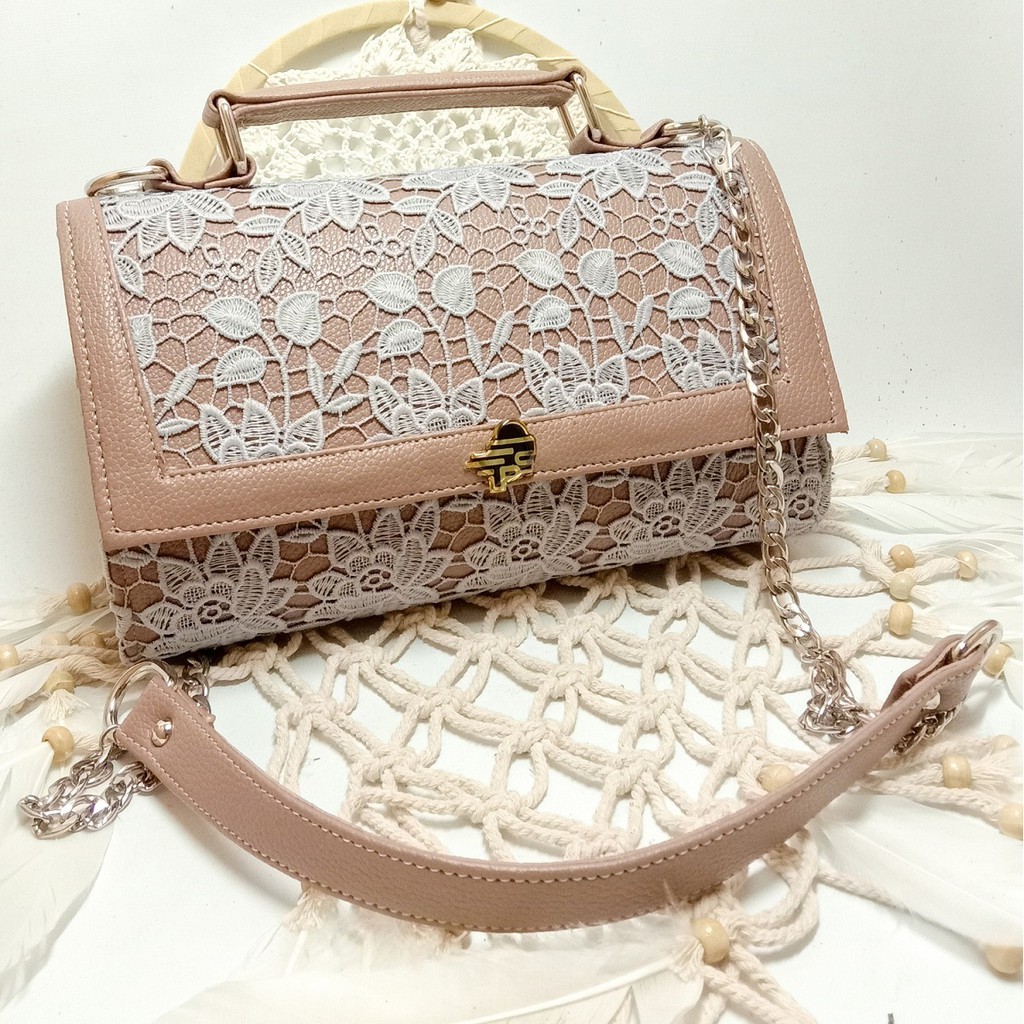 RJ CRAFT - Tas Selempang Wanita Slingbag Trendy Tas Pesta Wanita Tas Kulit Kombin Brokat Premium