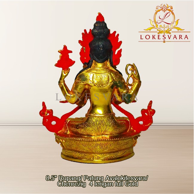 Patung Rupang Arca Logam Avalokitesvara 4 Lengan 8.5inch Full Gold