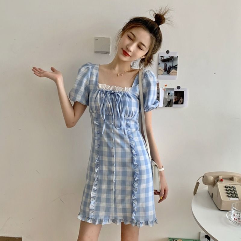 Dress Wanita Lengan Puff Pendek Model Slim Lipit Motif Kotak-Kotak Untuk Musim Panas