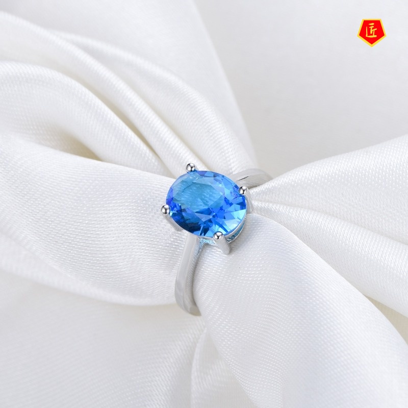 [Ready Stock]Classic 925 Silver Inlaid Blue Crystal Topaz Ring