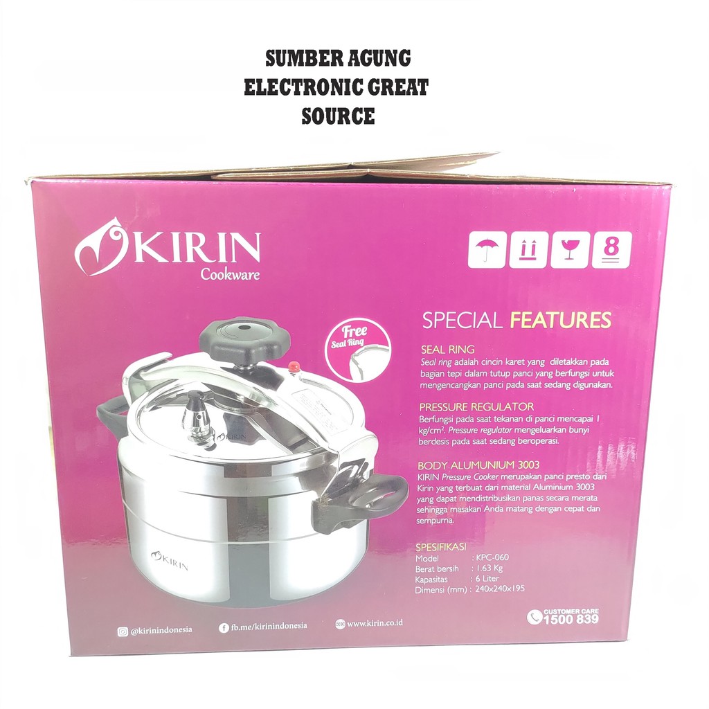 Kirin Panci Presto 6L KPC060 Pressure Cooker 6 Liter Cepat Lunak Karet