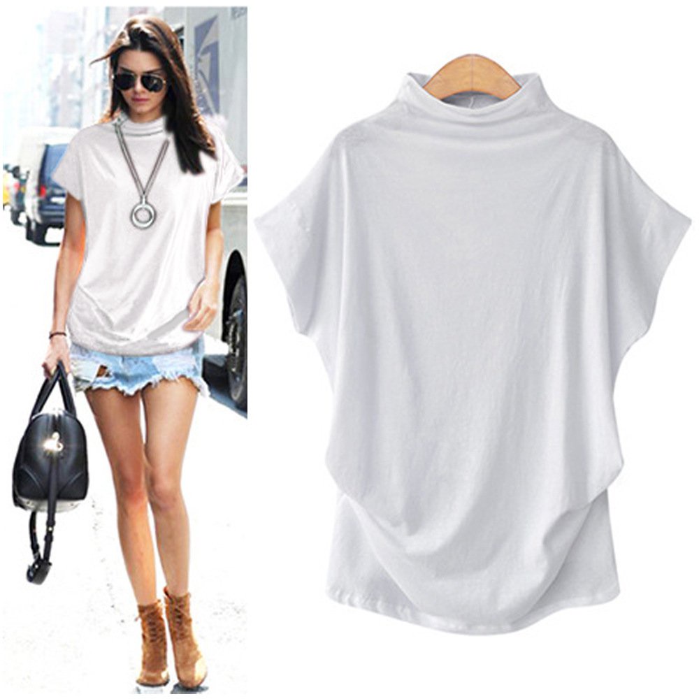 #Sisjuly# Wanita Mid Length Casual Casual Musim Panas Wanita Leher Tinggi Top Bat Sleeve Short Sleev