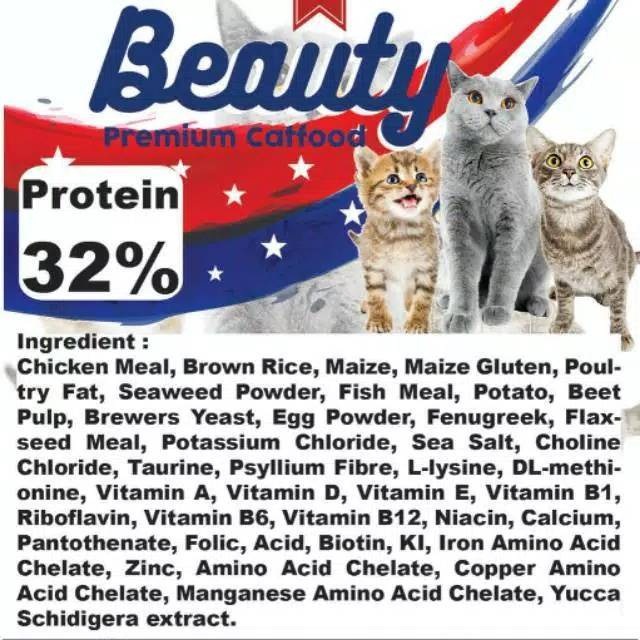 Makanan Kucing BEAUTY 1kg Free Vitamin Premium Quality Dewasa &amp; Kitten Dry Food Pakan Kering Pelet