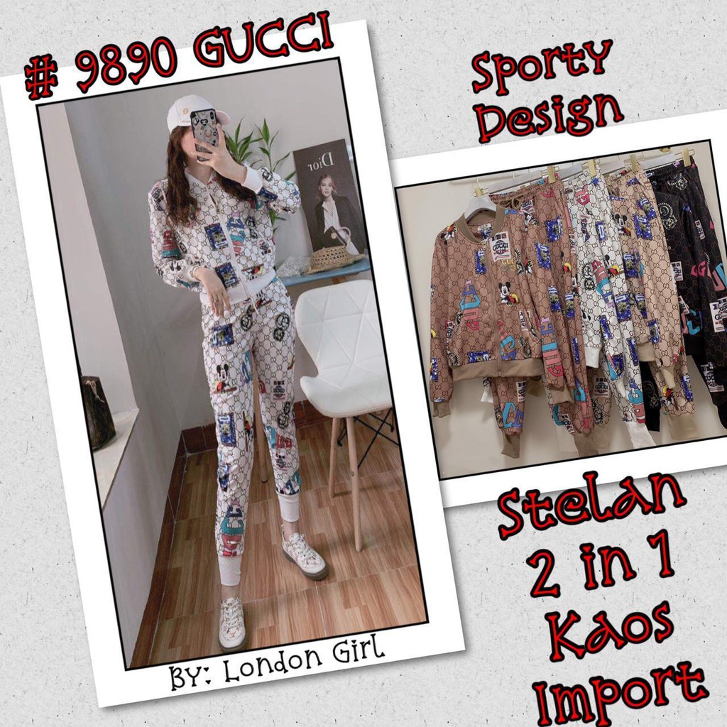 Setelan 2 in 1 Kaos Import Wanita Sporty Design Lengan Panjang Grosir Ecer # 9890 Gucci/Woman Jacket