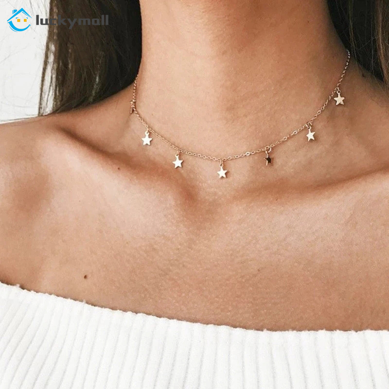 Kalung Choker Rantai Desain Bintang Warna Emas Silver Gaya Retro Elegan Untuk Wanita