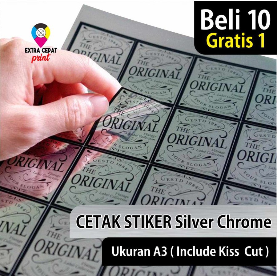 

Cetak Stiker / Print Sticker Label Silver Chrome A3+ & KISS CUT
