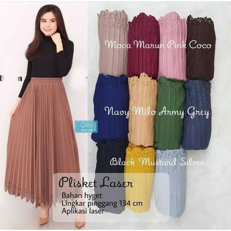 QILLA ROK PLISKET LASER MAYUNG | ROK CUT MOTIF LASER | PLEATED FLARE SKIRT LASER