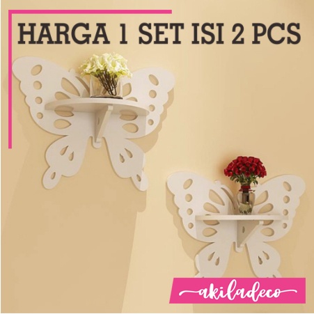 Rak Dinding Tempel Pajangan Kupu Kupu Decorative Rack Shabby Chic Vintage (1set isi 2) Moderen