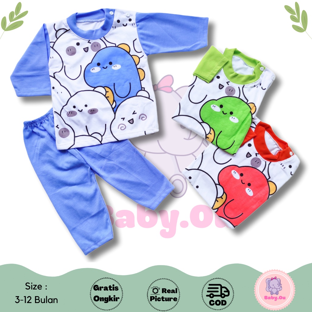 Setelan Baju Bayi Lengan Panjang Celana Panjang Motif Dino Fullprint / Setelan Piyama Bayi / Baju Bayi Panjang / Baju Tidur Bayi / Baby.ou_