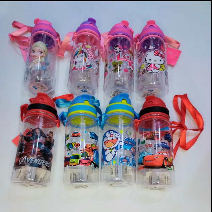 Botol Minum Anak Tali Sedotan Karakter Kartun Imut Lucu 350 ML - Random Motif