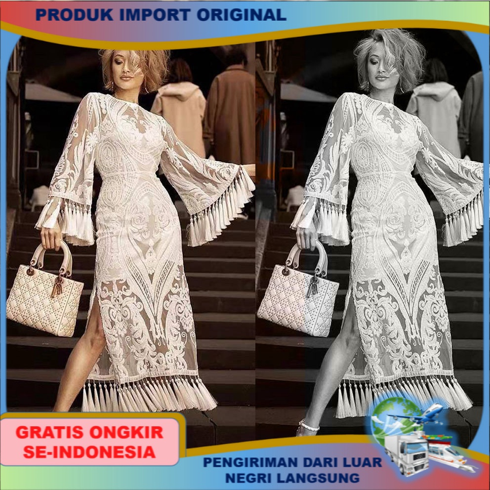 Pakaian perempuan Eropa Amerika lengan panjang Gaun Wanita Bersulam Style Rumbai pakaian cewek bangs