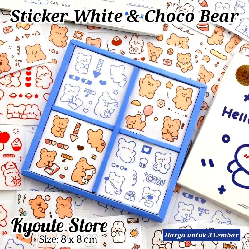 

3 Lembar Sticker Waterproof Cute Happy White Choco Bear Bunny Journal Scrapbook Diary DIY