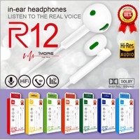 (ba) HEADSET BRANDED R-12 ORIGINAL + MIC IN EAR HEADPHONE STEREO