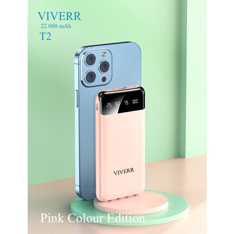 Powerbank Slim VIVERR T2 Kapasitas 22.000 mAh Fast charging Super Colour Rainbow Macarone garansi 1 tahun.